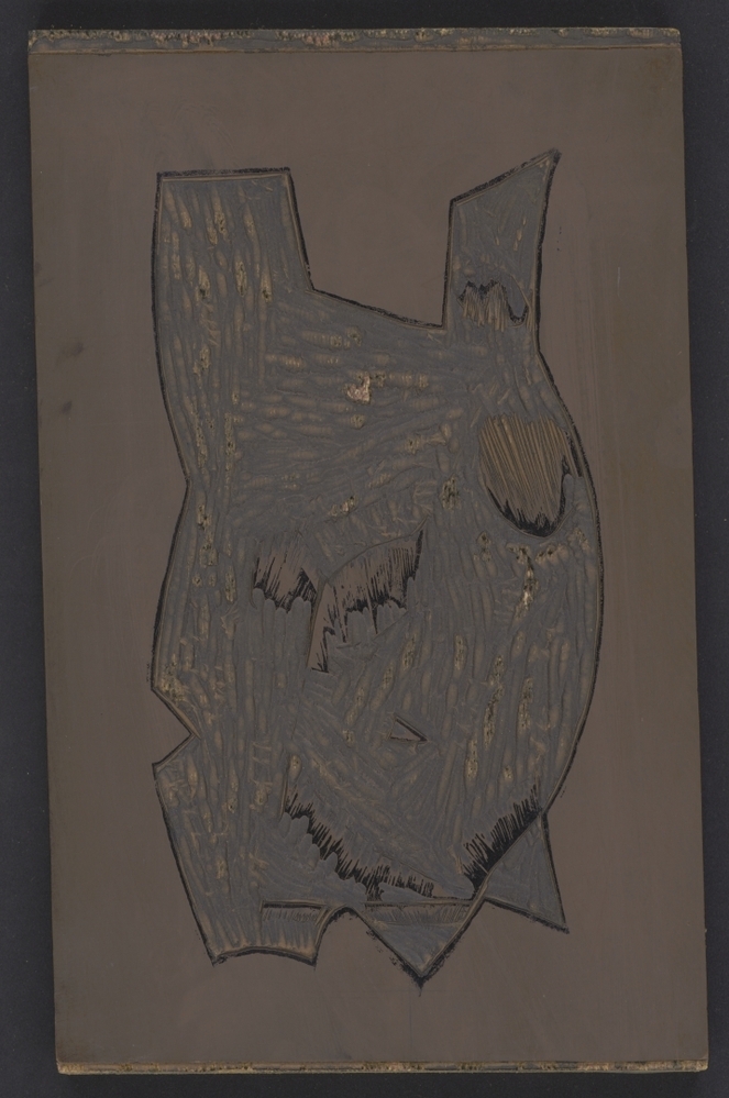 Linoleumblok waarin de tekening 'Figuur in wit/zwart op bruin' is uitgesneden