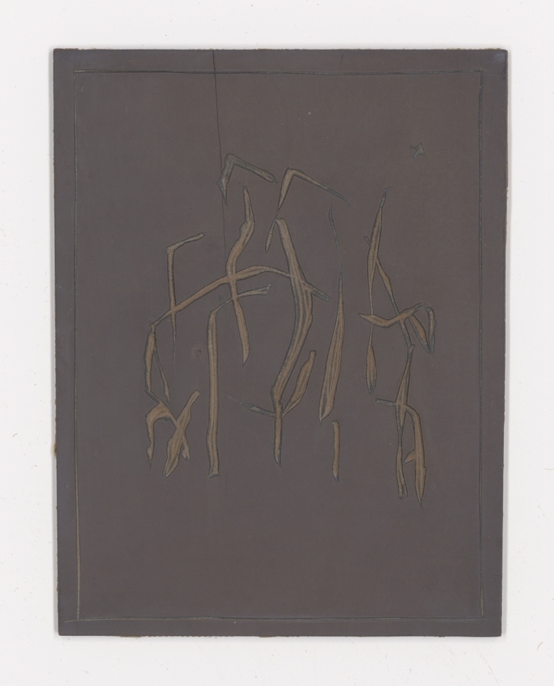 Linoleumblok van abstracte voorstelling met grillige lijnen
(maisplantachtig)