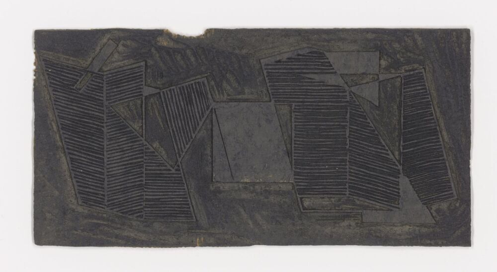 Linoleumblok van geometrischabstracte compositie