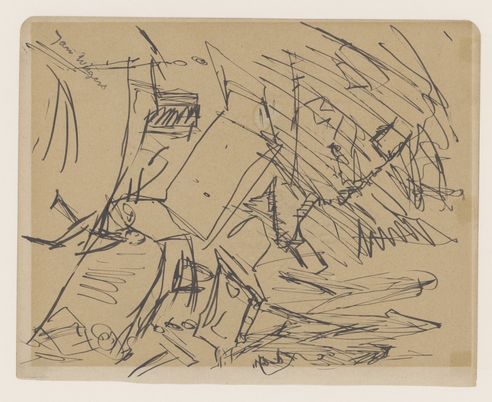 Twee berghutten en figuren in landschap