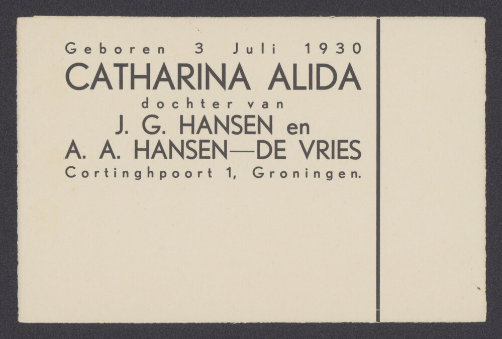 Geboortekaartje Catharina Alida Hansen 3/7/1930 (G-139)