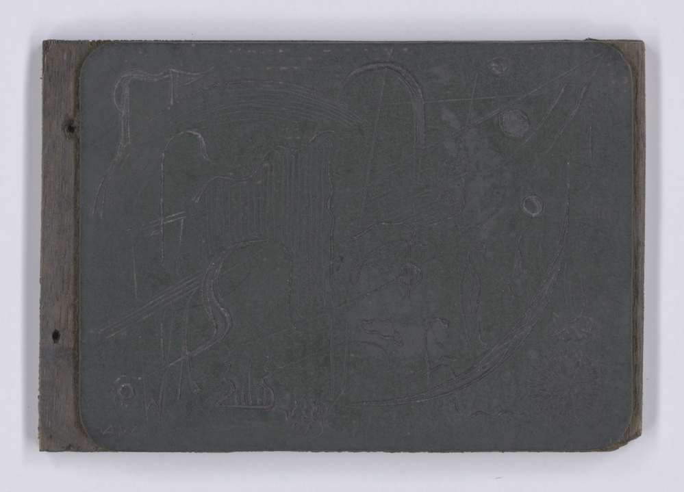 Linoleumblok van Nieuwjaarswens 1956