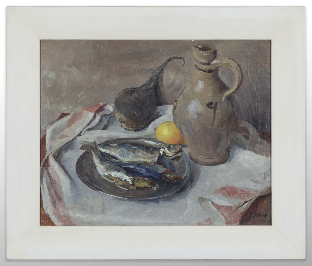 Stilleven met haring op tinnen schotel