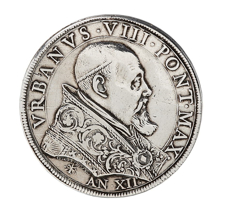 Schroefdaalder Urbanus VIII, met miniatuurportret van Johan Lewe en Geertruida Alberda