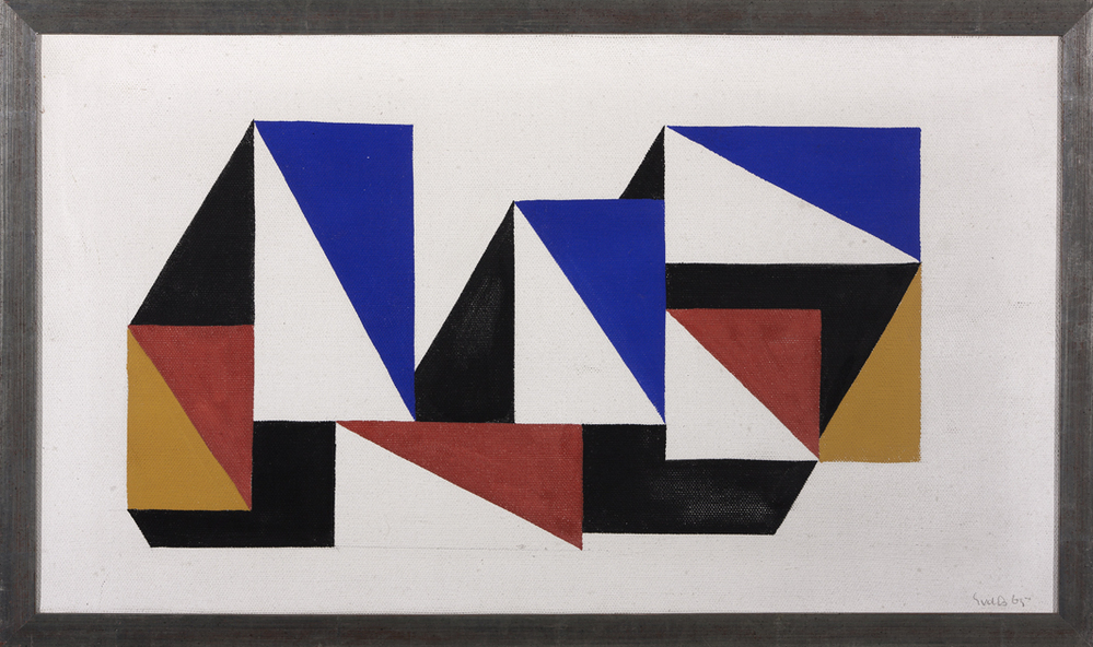 Compositie in rood, zwart, oker en blauw op wit fond