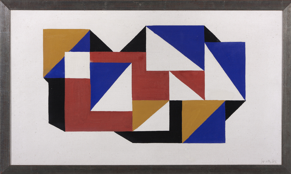 Compositie in rood, zwart, oker en blauw op wit fond