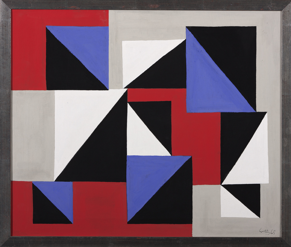 Compositie in rood, blauw, zwart, wit en grijs