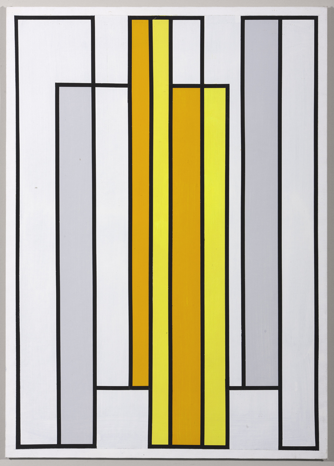 Compositie van zwarte lijn, met geel en oranje op wit fond