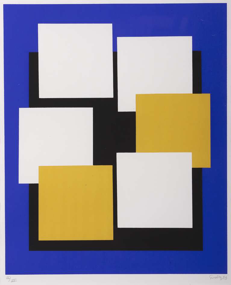 Compositie met witte en gele vierkanten op blauw fond