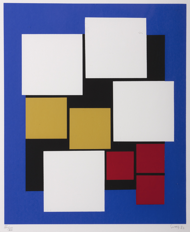 Compositie met witte vierkanten, geel en rood op blauw fond