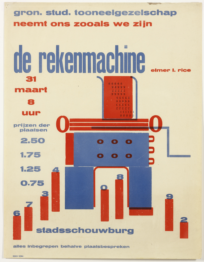 Affische voor de toneelopvoering van "de rekenmachine" van Elmer L. Rice (G-175)