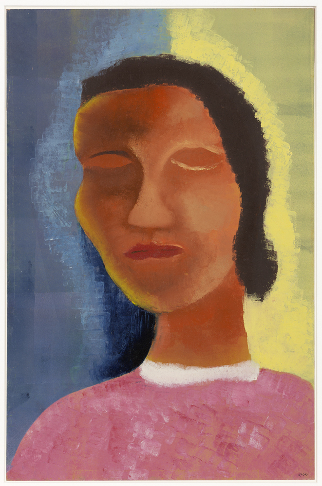 Vrouwenkop met zwart haar en wit kraagje (D-511)