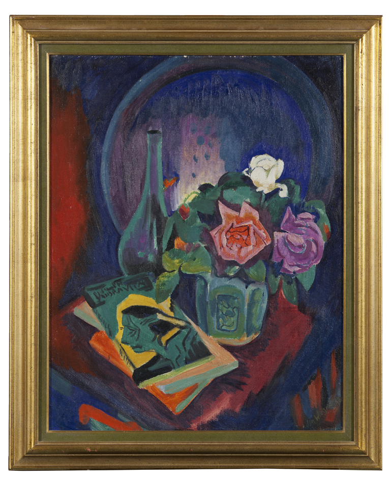 Stilleven met boeken en rozen