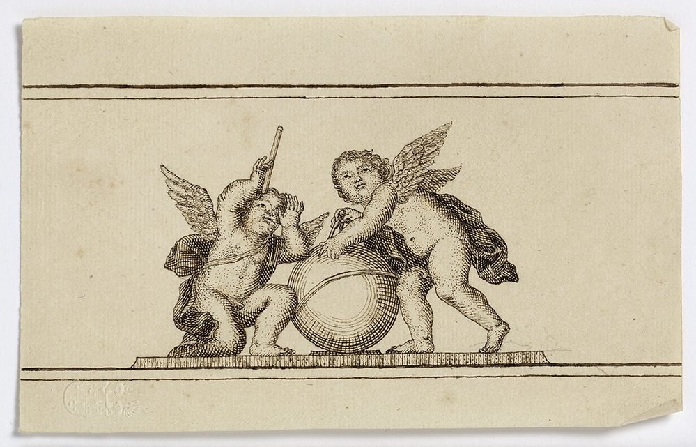 Twee putti bij wereldbol, een met passer en ander kijkt naar de sterren