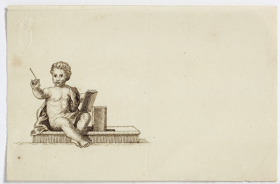 Een putto met tekenstift, tekenblad en een boek