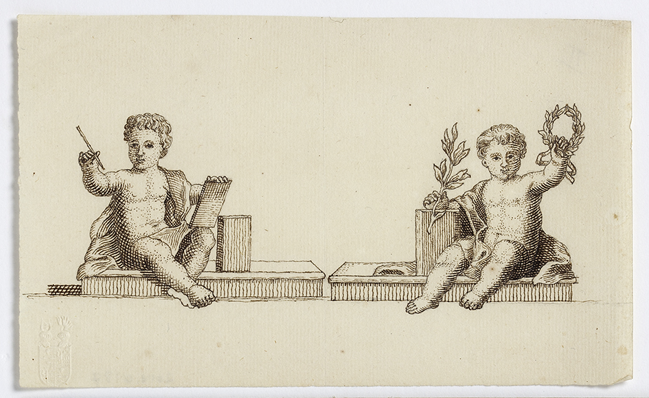 Twee putti, een met tekenstift, tekenblad en een boek, de ander draagt een lauwertak en een lauwerkrans