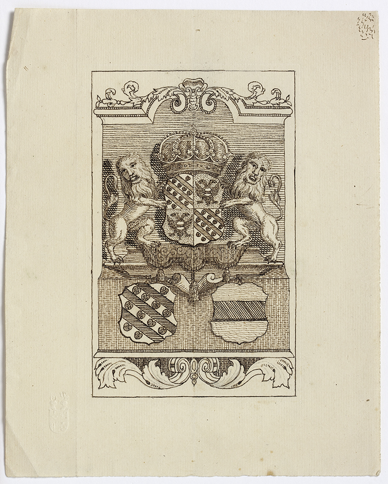 In een cartouche met wapens, van boven naar over: het wapen van de Provincie Groningen, Ommelanden en onderaan de stad Groningen. De laatste in de vorm van enkel het hartschild