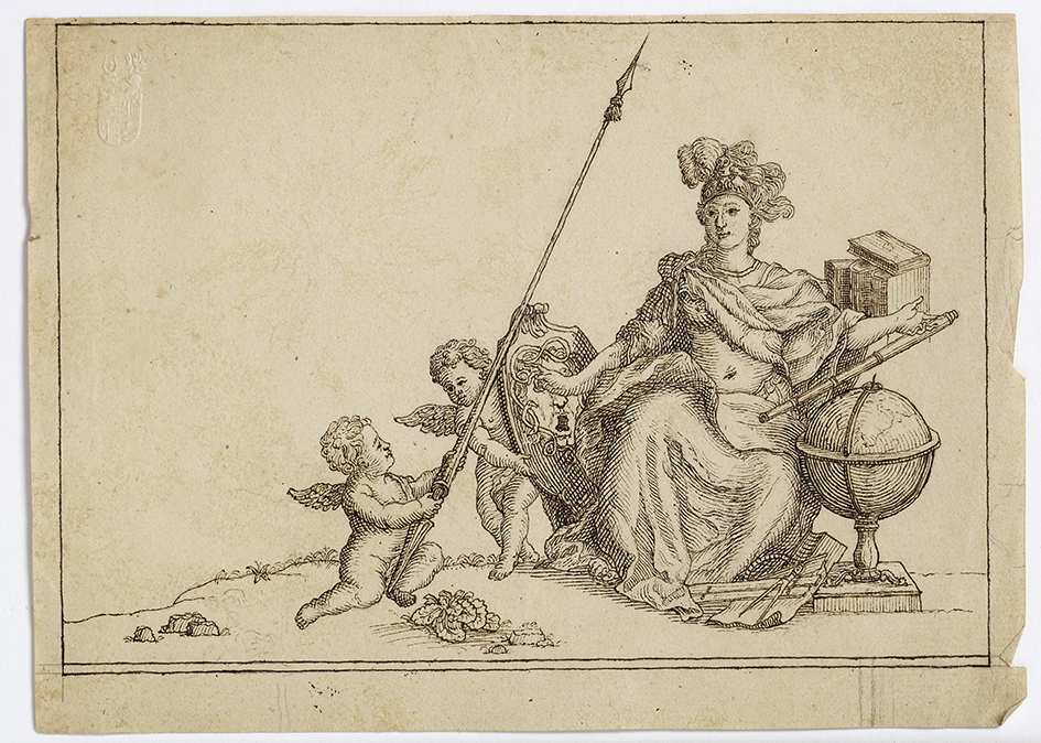 Minerva, gezeten naast een wereldbol, kijker en boeken, met twee putti die haar schild en lans dragen