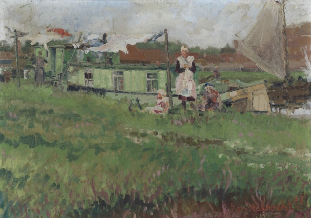 Rustende meisjes bij woonboten aan de Oosterhamrikkade