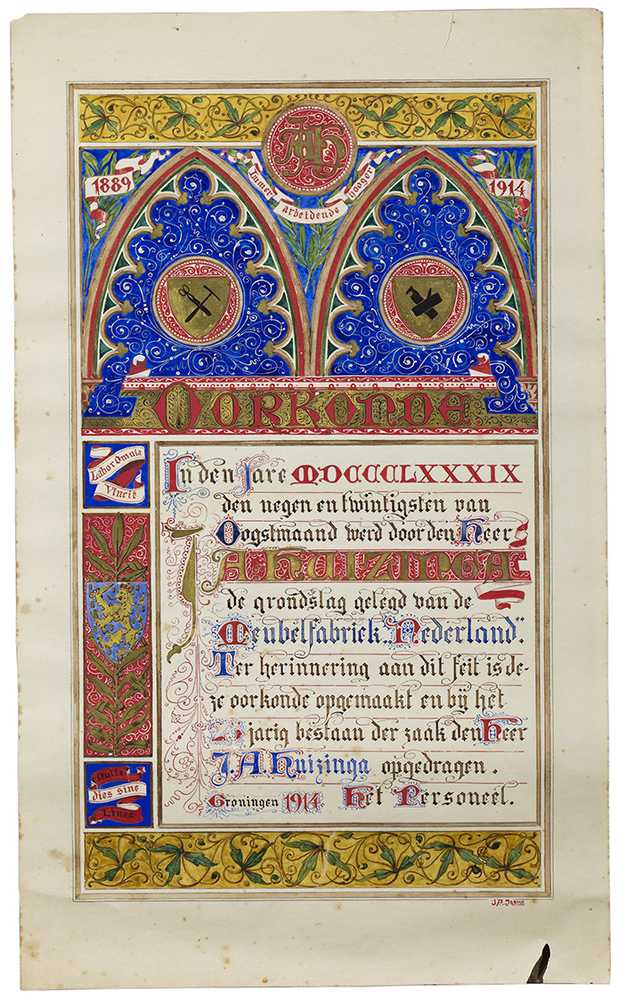 Oorkonde 25-jarig bestaan meubelfabriek J. A. Huizinga