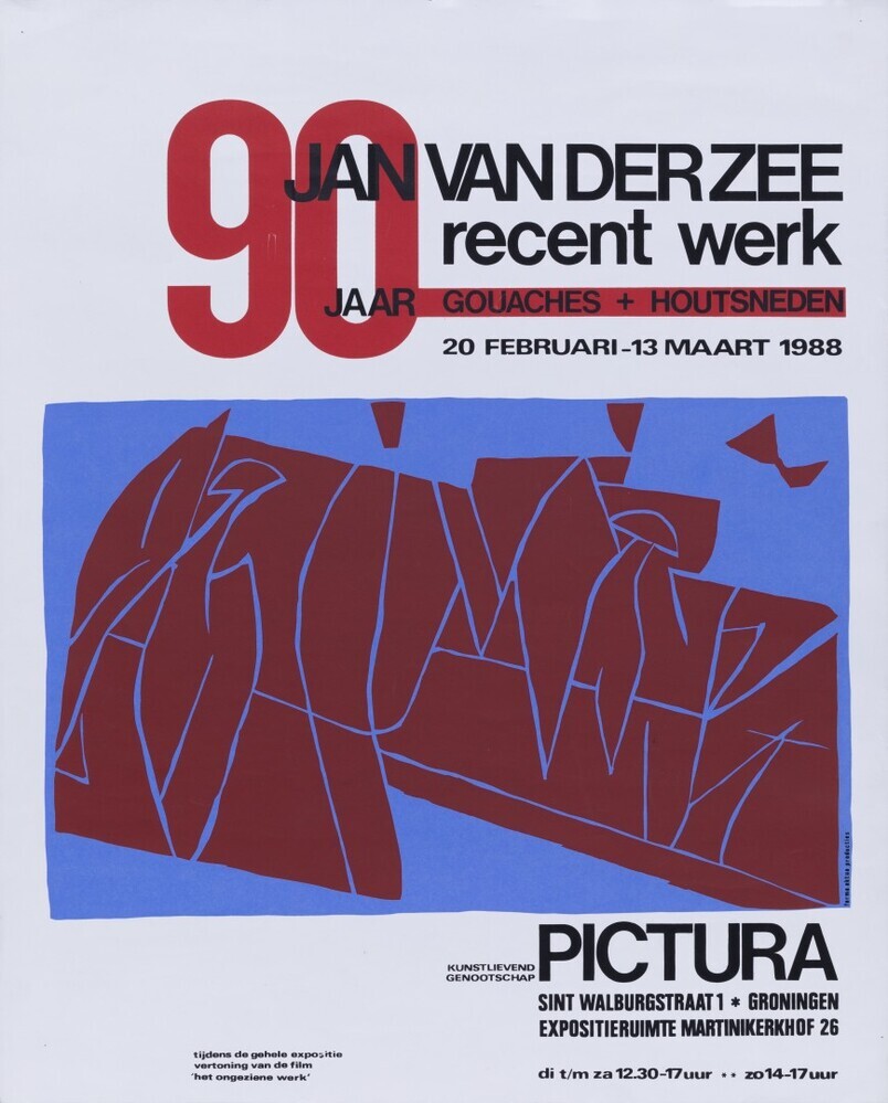 Affiche Jan van der Zee 90 jaar, recent werk, houtsneden en gouaches, Pictura 1988