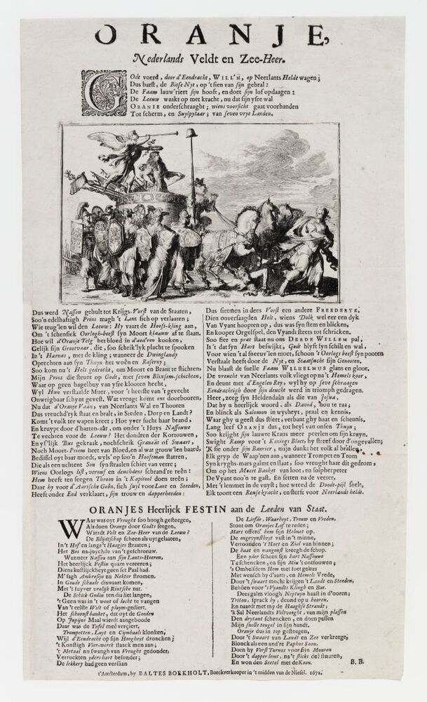 Allegorie op de benoeming van Willem III tot kapitein-generaal, 1672
Oranje, Nederlands Veldt en Zee-Heer