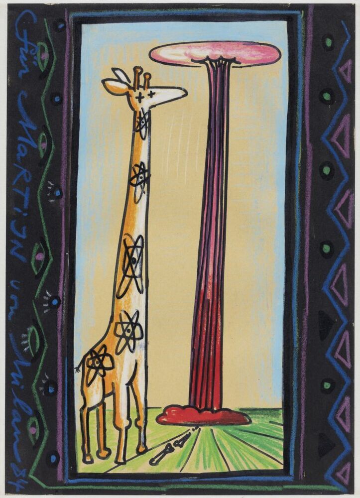 Giraffe met atoombomexplosie