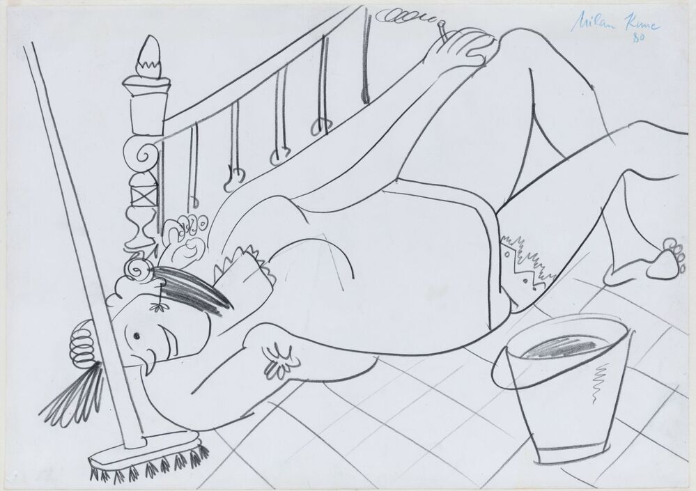 Naakt met bezem, emmer en trap