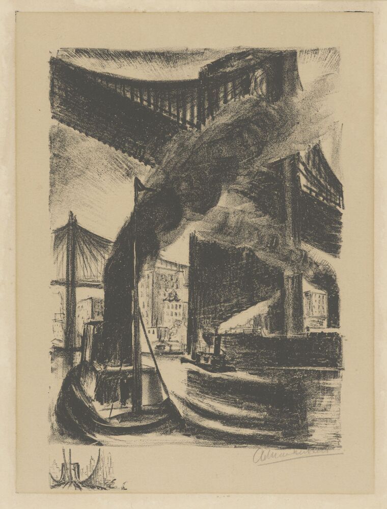 New Yorks stadsbeeld met boten en bruggen