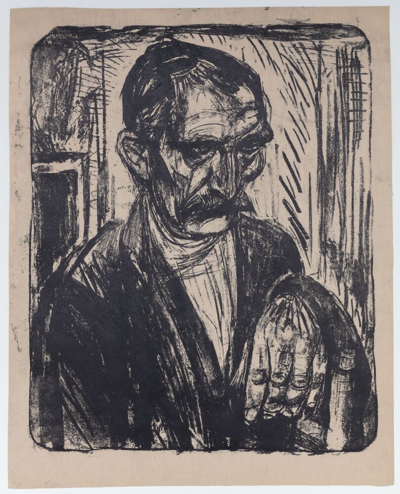 Arbeider (met zijn linkerhand steunend op rugleuning stoel)