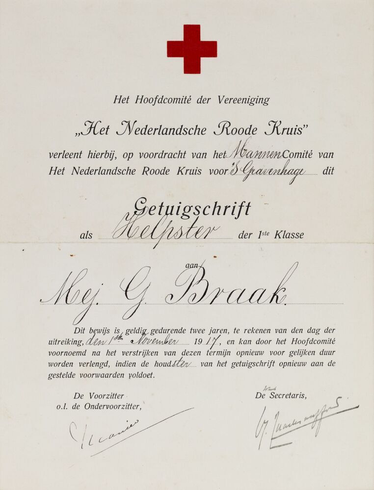 Getuigschrift Vereniging het Nederlandsche Roode Kruis