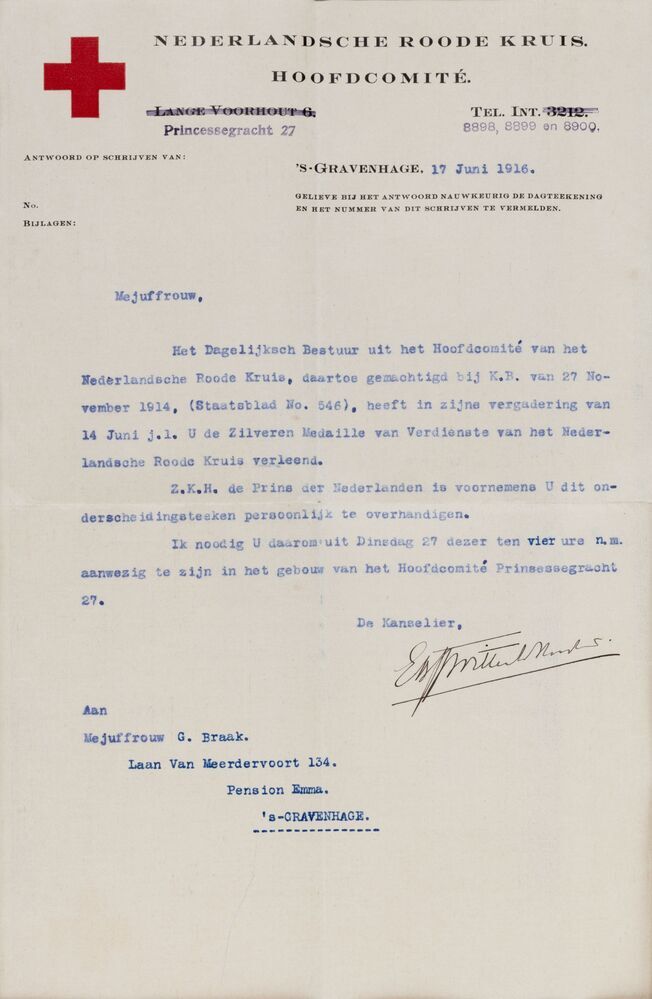 Brief Nederlandsche Roode Kruis Hoofdcomité