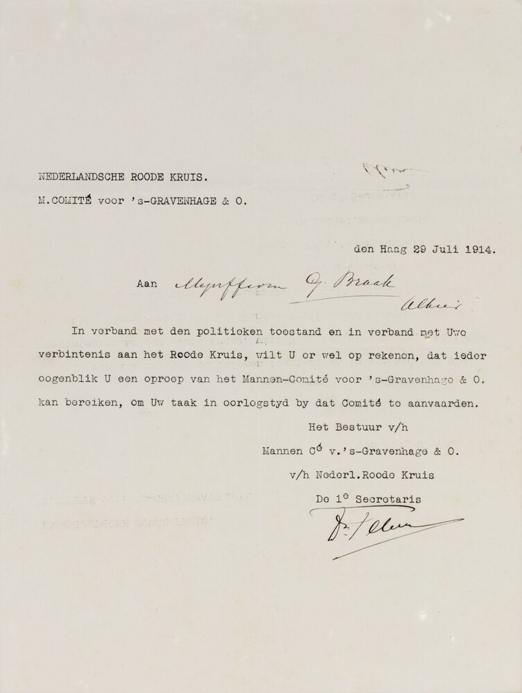 Brief Nederlandsche Roode Kruis Hoofdcomité