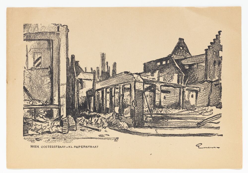 Verwoesting Groningen april 1945 : vier teekeningen van Arie Emens