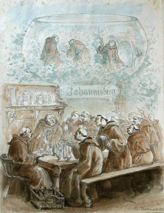 Wijn drinkende monniken rond een tafel