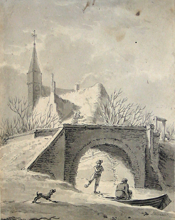 Winterlandschap met brug en schaatser